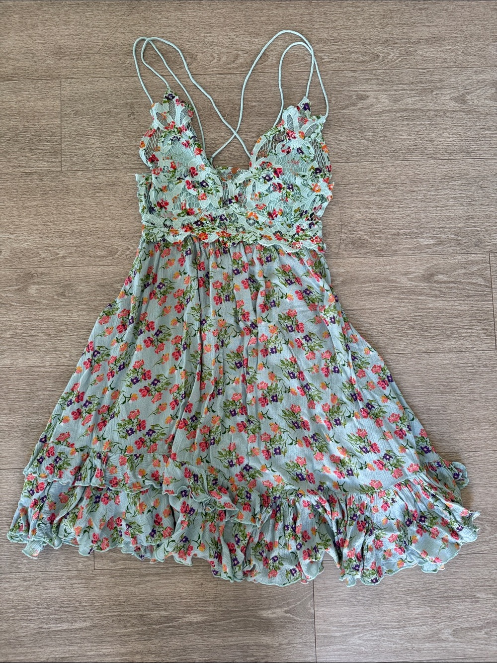 Free People Mint Green Floral Spaghetti-Strap Dress